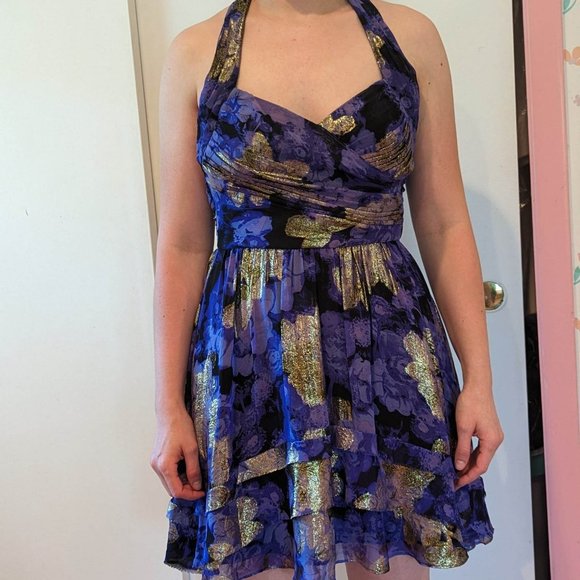 Nicole Miller metallic Purple and Gold floral Halter Dress Size 6 - Picture 2 of 7
